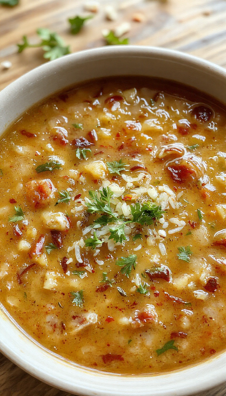 A steaming bowl of ultimate detoxifying lentil soup garnished with fresh herbs and vegetables, served with crusty bread on the side.