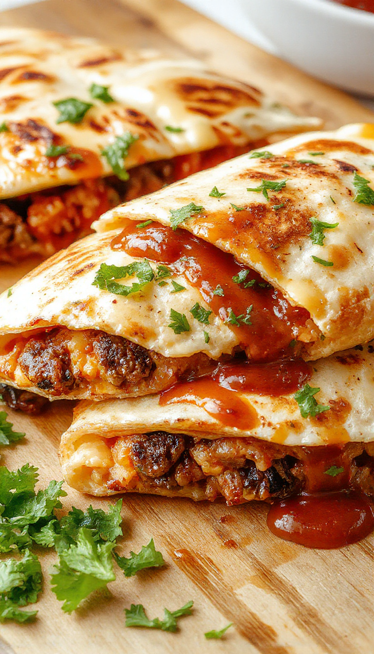 A close-up of a crispy Smashburger Quesadilla filled with melted cheese, seasoned beef, and fresh toppings, sliced to reveal the savory interior.