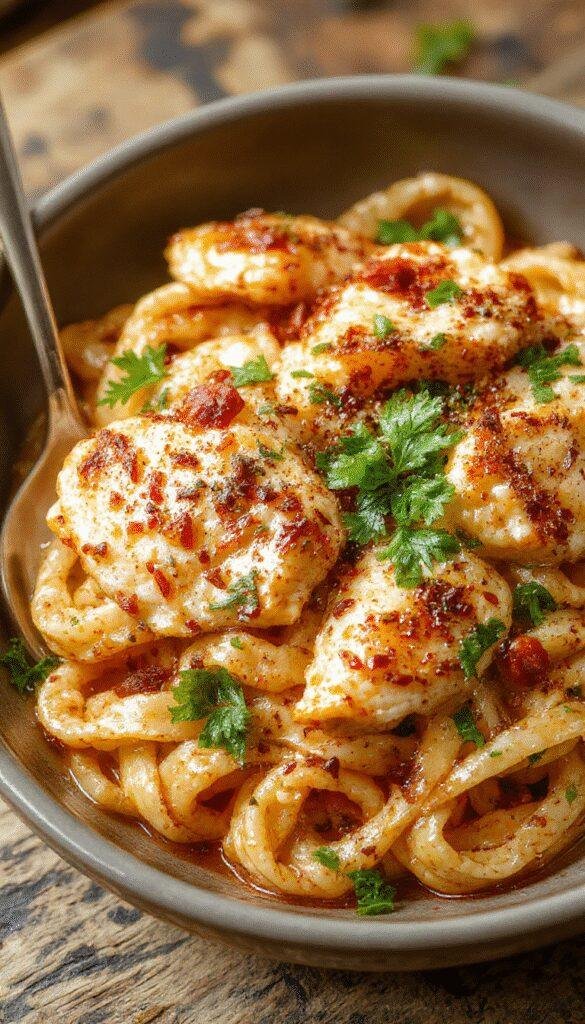 A plate of Honey Pepper Chicken Pasta featuring tender chicken pieces coated in glossy honey and pepper sauce, tossed with al dente pasta and garnished with fresh herbs.