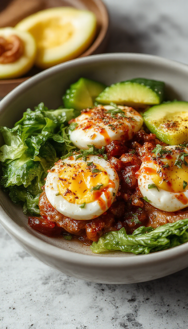 Colorful bowl filled with crispy egg roll ingredients like shredded cabbage, carrots, green onions, and slices of cooked pork, topped with sesame seeds.