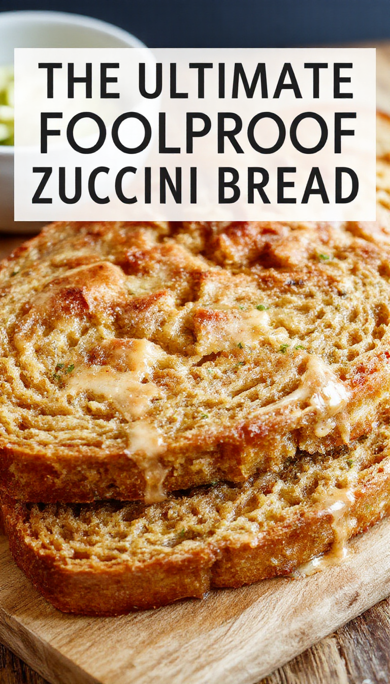 A freshly sliced loaf of The Ultimate Foolproof Zucchini Bread with golden crust and moist, green zucchini bits inside.