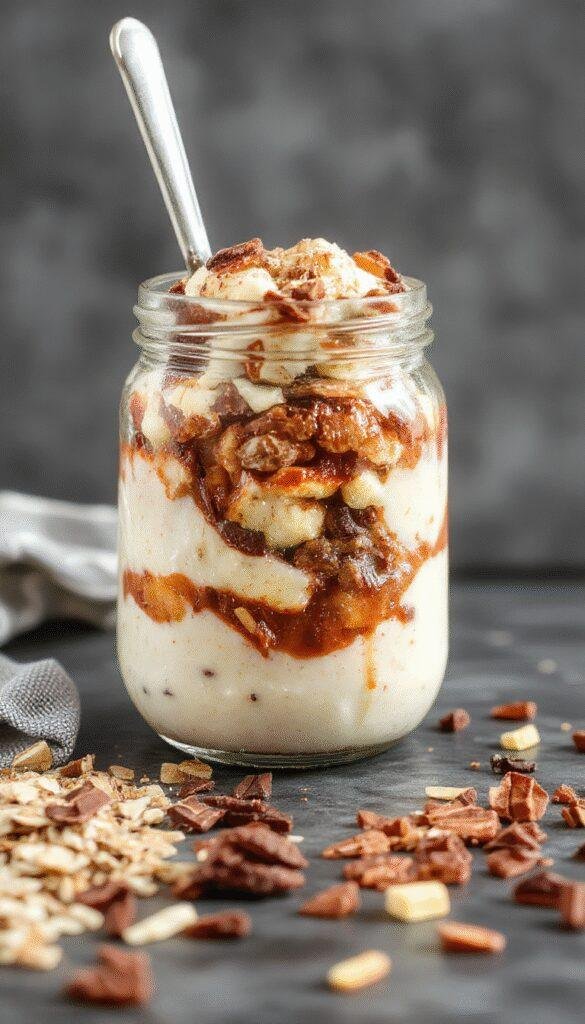 A delicious, portable breakfast featuring a variety of colorful protein-packed items like boiled eggs, Greek yogurt, nuts, and fresh fruits arranged on a wooden tray.