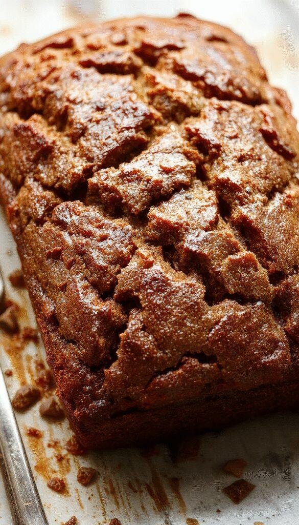 A freshly baked loaf of zucchini bread on a rustic wooden table, garnished with a sprinkle of powdered sugar and slices revealing moist, flavorful interior.