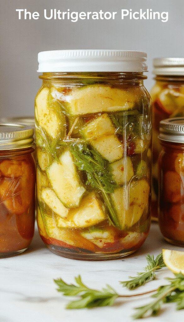 A glass jar filled with colorful vegetables and spices for refrigerator pickling, with fresh vegetables and pickling ingredients on a wooden surface.
