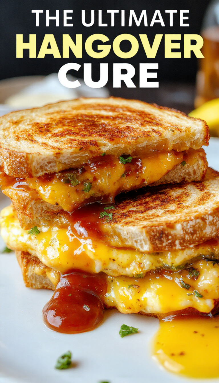 A savory breakfast grilled cheese sandwich with crispy golden bread, melted cheese, scrambled eggs, and crispy bacon inside.