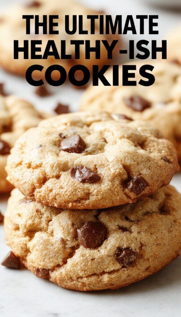 A plate of freshly baked healthy-ish cookies with chocolate chips and nuts on a rustic wooden table