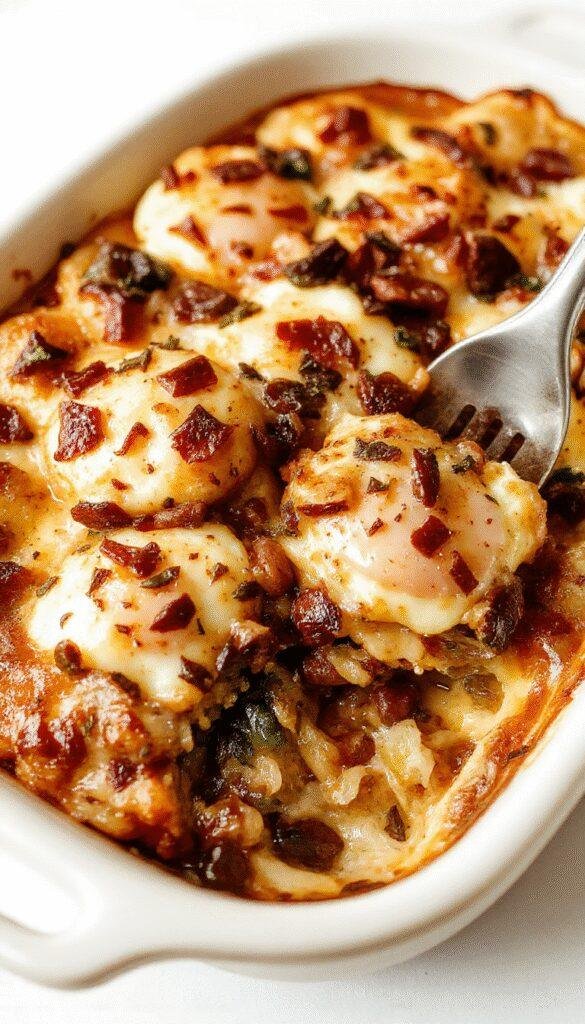 A delicious holiday breakfast casserole layered with eggs, cheese, sausage, and vegetables, baked to golden perfection in a casserole dish.