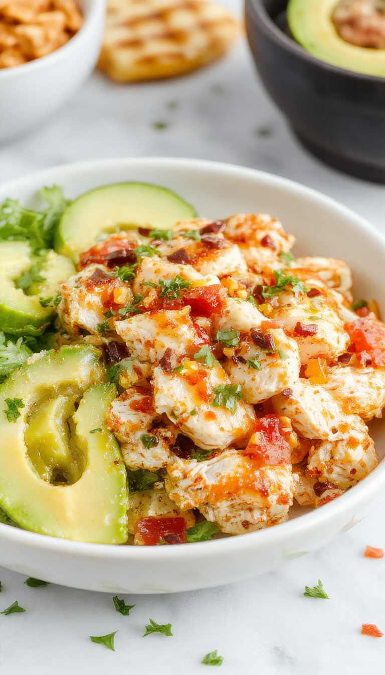 A vibrant bowl of The Ultimate Loaded Southwest Chicken Salad topped with grilled chicken, fresh vegetables, cheese, and cilantro, drizzled with a zesty dressing.