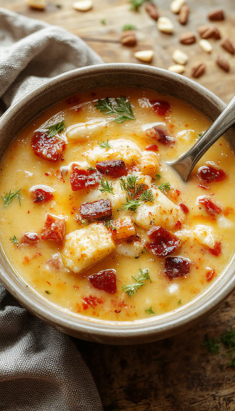 A steaming bowl of low-carb comfort food soup garnished with fresh herbs, featuring colorful vegetables and tender meat slices