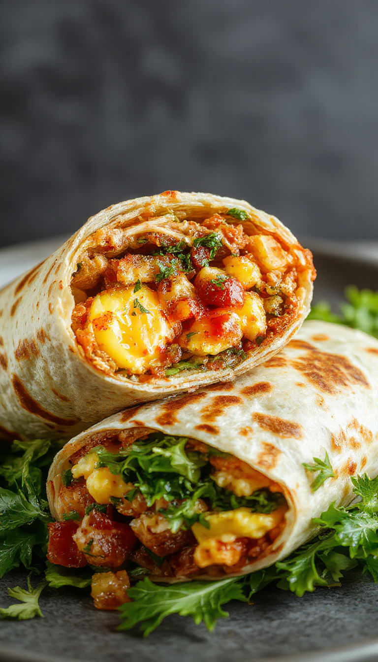 A colorful breakfast wrap filled with scrambled eggs, cheese, and vegetables, rolled up to go.