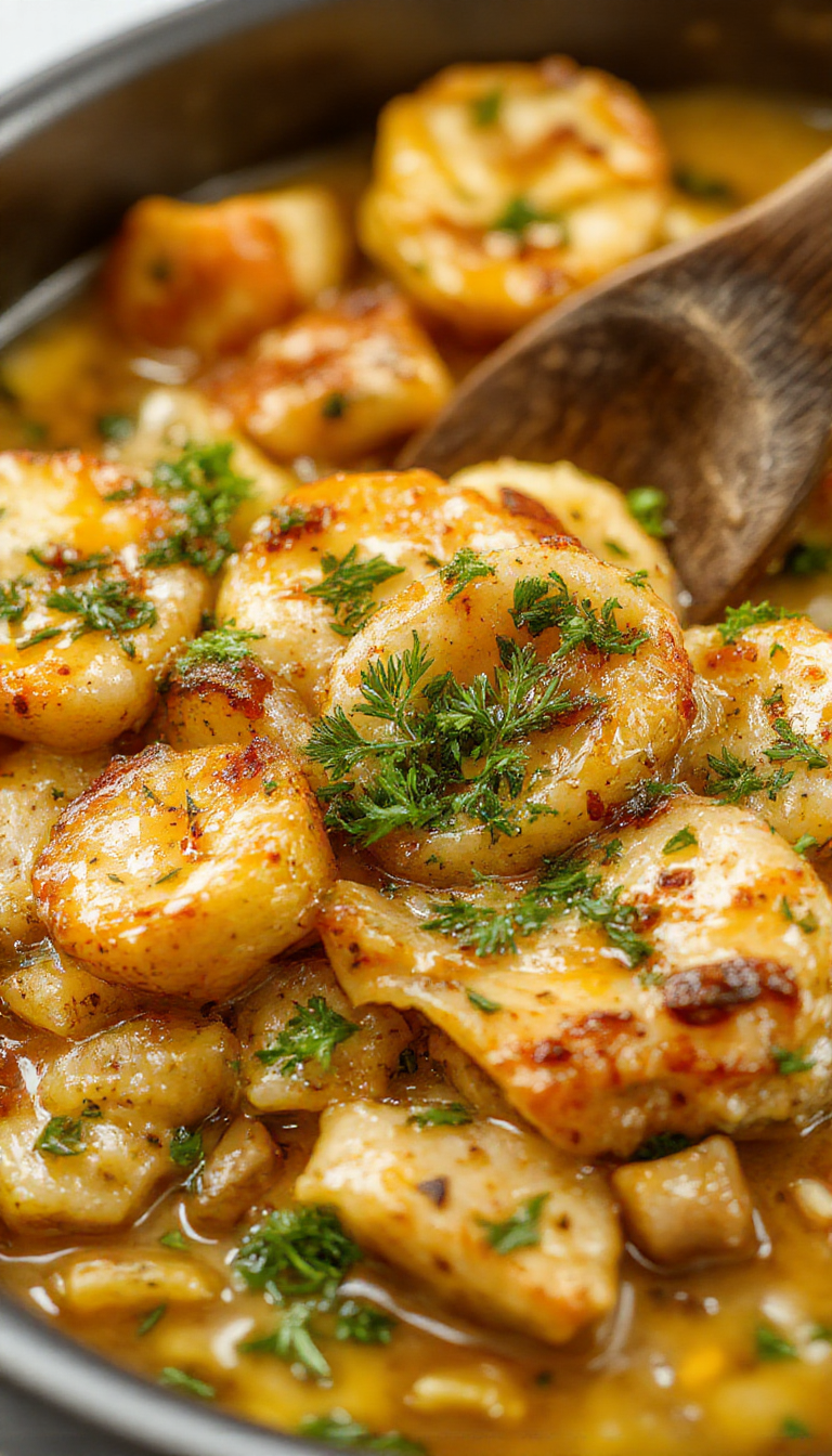A delicious one-pan comfort meal featuring roasted vegetables, crispy chicken, and savory gravy, all cooked together in a single skillet.