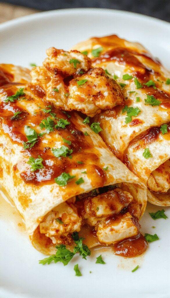 Close-up of a plate of The Ultimate Ooey-Gooey Garlic Chicken Wraps showcasing melted cheese, crispy edges, and fresh greens inside a tortilla wrap.