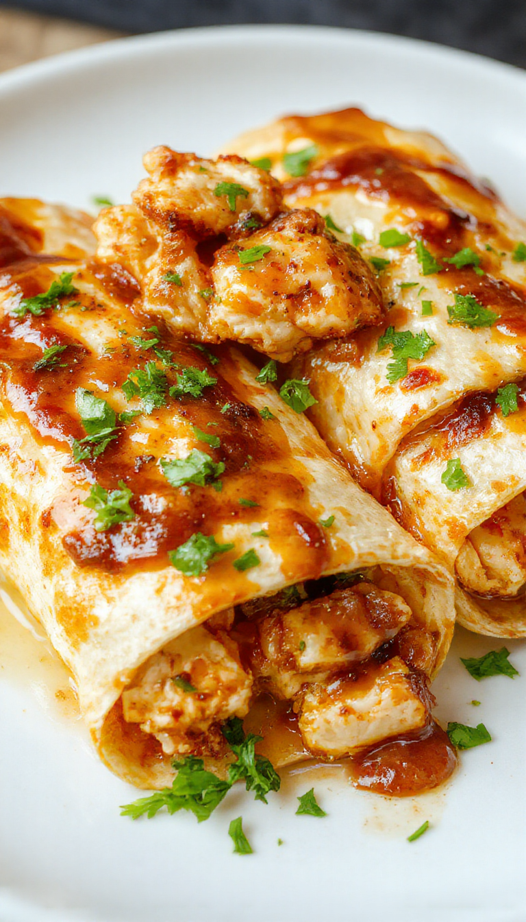 Close-up of a plate of The Ultimate Ooey-Gooey Garlic Chicken Wraps showcasing melted cheese, crispy edges, and fresh greens inside a tortilla wrap.