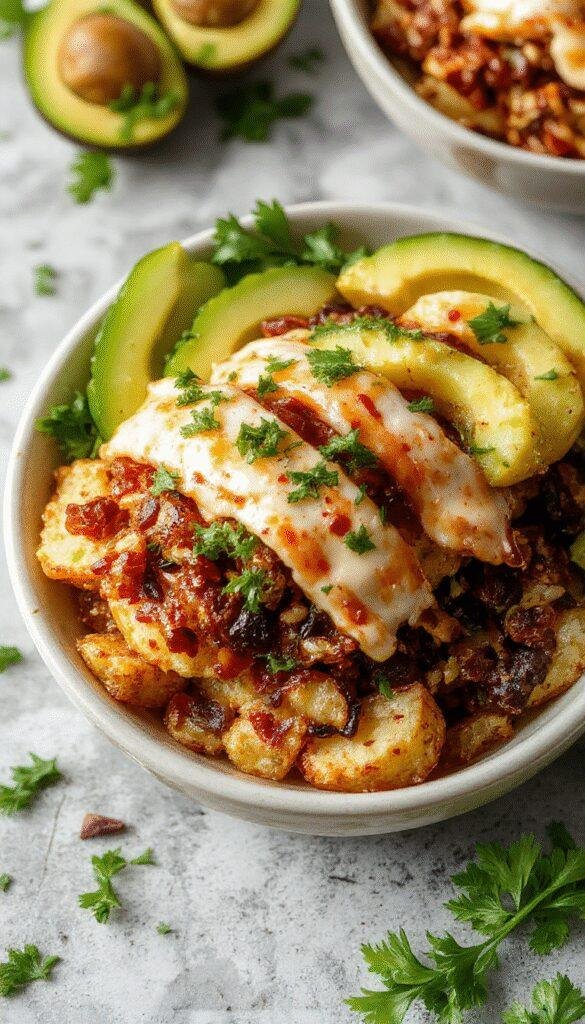 A vibrant bowl filled with seasoned potato chunks, fresh toppings like lettuce, salsa, cheese, and sour cream, perfect for meal prep.