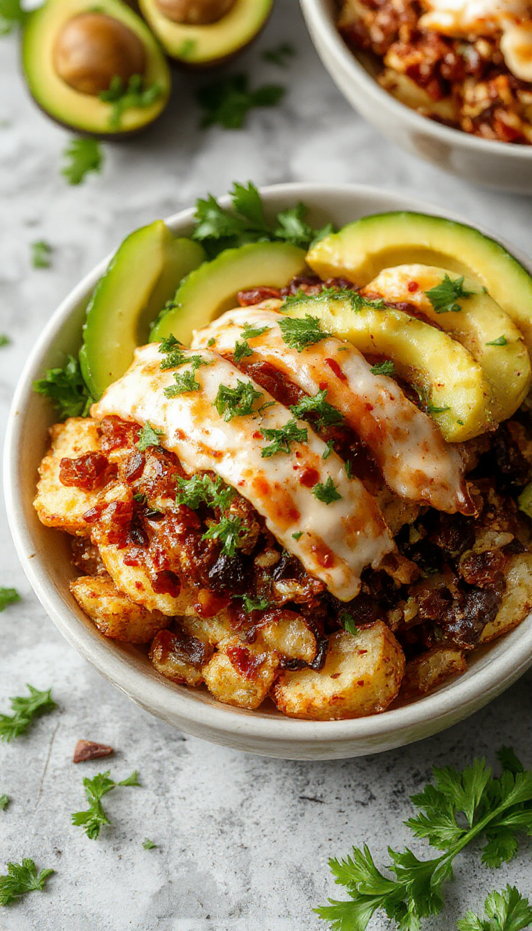 A vibrant bowl filled with seasoned potato chunks, fresh toppings like lettuce, salsa, cheese, and sour cream, perfect for meal prep.