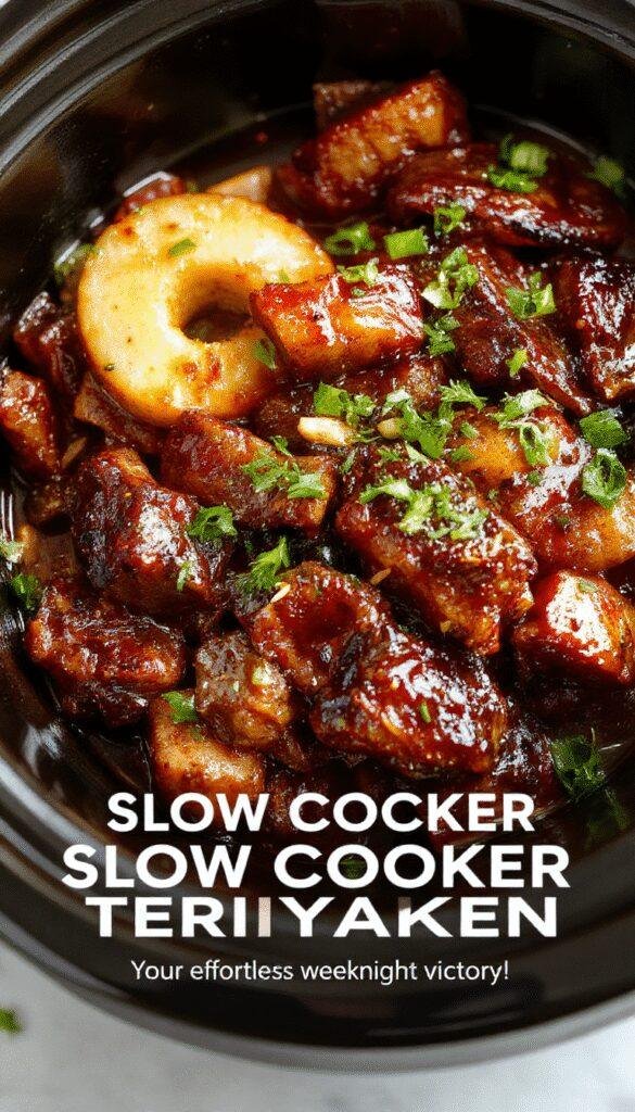 A mouthwatering slow cooker filled with tender, glazed teriyaki chicken garnished with green onions, surrounded by steamed vegetables and rice.