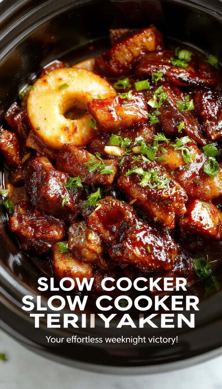 A mouthwatering slow cooker filled with tender, glazed teriyaki chicken garnished with green onions, surrounded by steamed vegetables and rice.