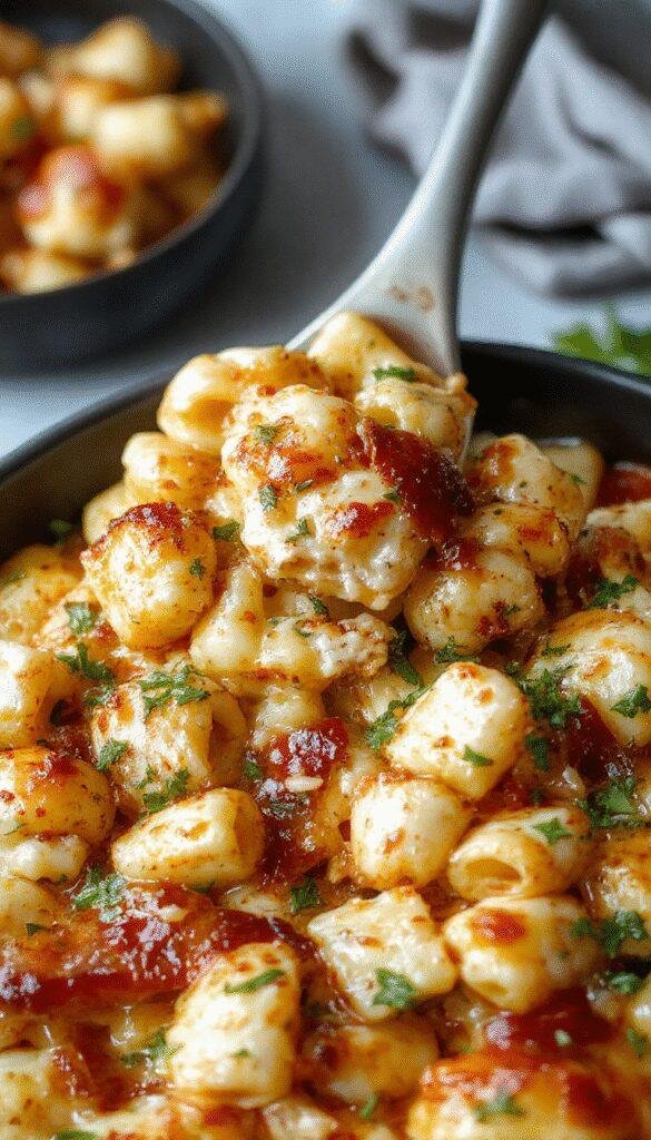 A bowl of creamy macaroni and cheese topped with tender, smoky, tangy chicken pieces, garnished with fresh herbs and a sprinkle of cheese.