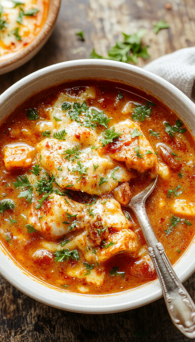 A steaming bowl of lasagna soup topped with melted cheese, fresh basil, and a crunchy breadstick on the side.