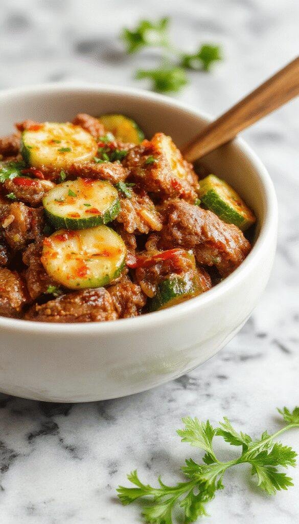 Colorful zucchini and tender beef slices stir-fried with fresh vegetables and herbs in a wok, served hot on a plate.