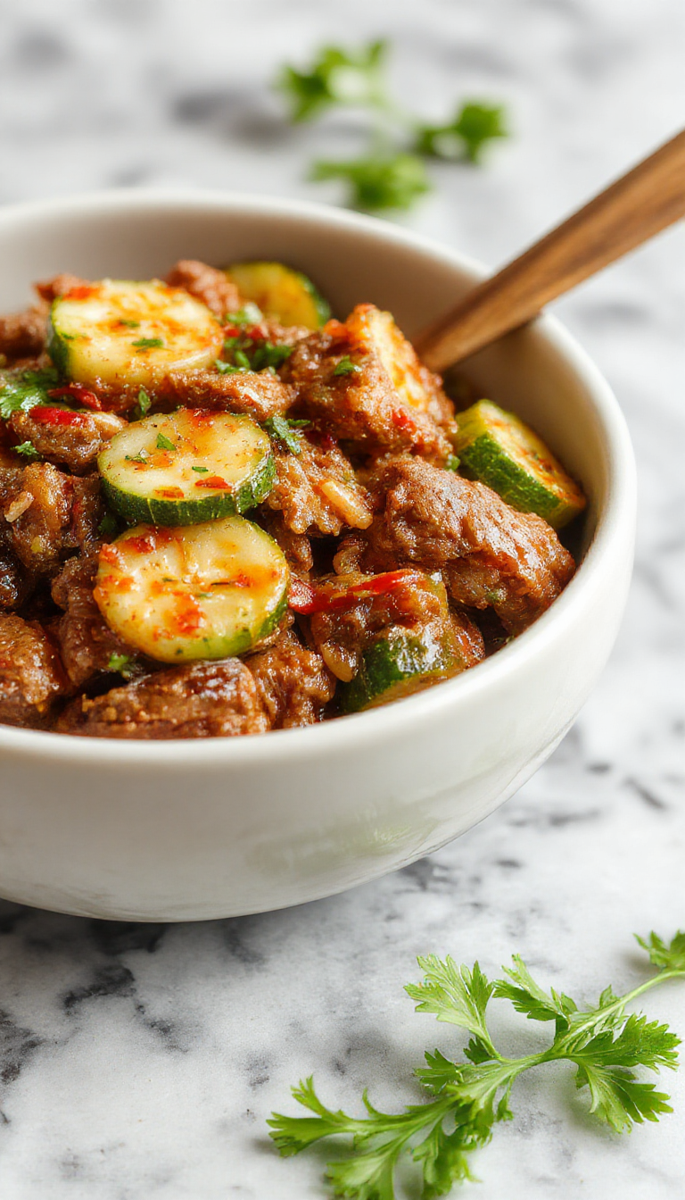 Colorful zucchini and tender beef slices stir-fried with fresh vegetables and herbs in a wok, served hot on a plate.