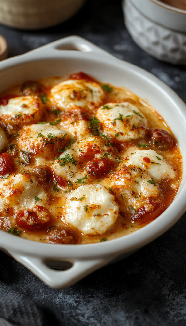 A sizzling skillet filled with melted feta cheese, cherry tomatoes, and fresh herbs, steaming and bubbling hot, ready to serve.