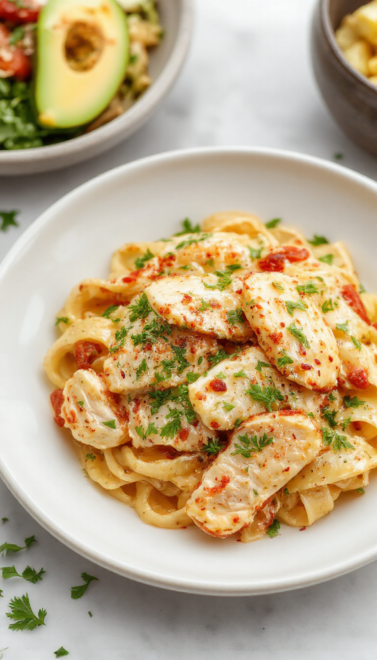 A plate of creamy Marry Me Chicken Pasta topped with fresh herbs, showcasing tender chicken pieces and Alfredo sauce on a elegant dish.