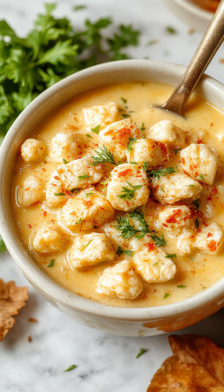 A steaming bowl of creamy white chicken chili garnished with fresh herbs, served with a side of crusty bread on a rustic table.