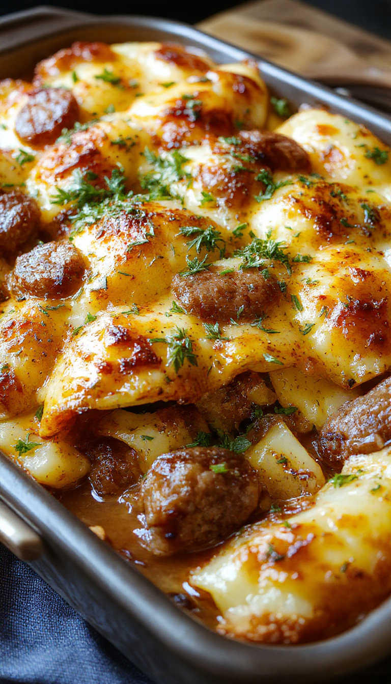 A hearty plate of Ranch Potato & Smoked Sausage Bake featuring golden roasted potatoes, slices of smoked sausage, topped with fresh herbs and a creamy ranch drizzle.