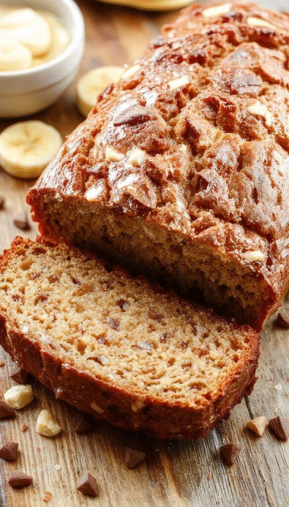 A slice of super moist banana bread on a white plate with a golden crust, garnished with banana slices and a sprinkle of cinnamon.