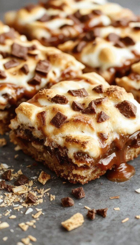 A plate of Ultimate Gooey S'mores Bars with melted marshmallows, chocolate, and graham cracker crust, showcasing their gooey texture.