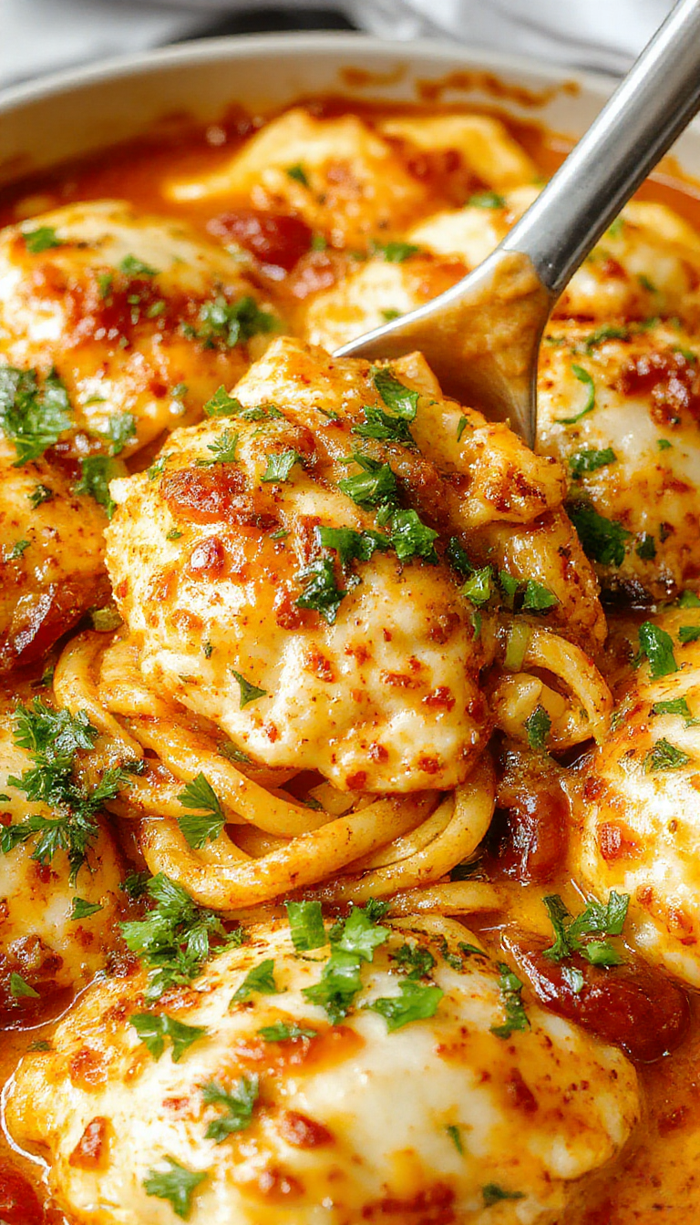 A hearty casserole dish of Ultimate Spicy Southern Chicken Spaghetti Bake, topped with melted cheese and garnished with fresh herbs, served on a rustic wooden table.