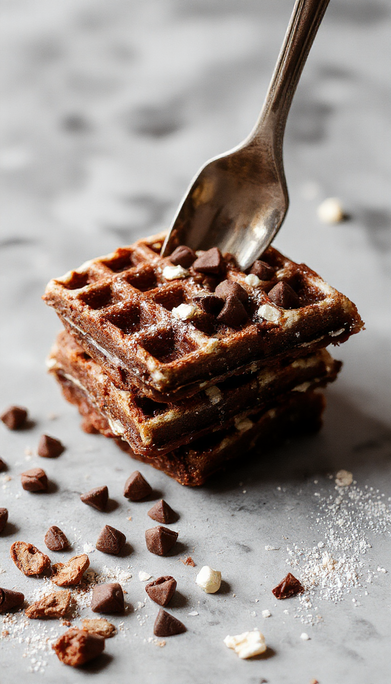 A plate of Flourless Fudgy Waffle Brownies topped with fresh berries and a dusting of powdered sugar, showcasing the rich, fudgy interior and crispy waffle exterior.