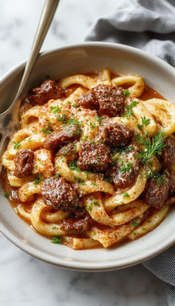 A plate of Velvet Beef Rigatoni featuring tender beef and smooth tomato sauce nestled in tubular pasta, garnished with fresh herbs.