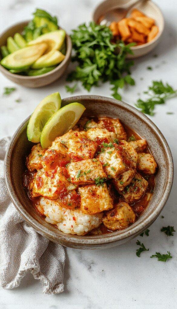 A cozy bowl of Velvet Chicken & Rice featuring tender chicken pieces atop fluffy rice, garnished with fresh herbs and a warm, creamy sauce.