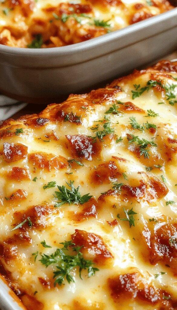A delicious serving of Velvety Baked Spaghetti topped with melted cheese and fresh herbs in a cozy casserole dish