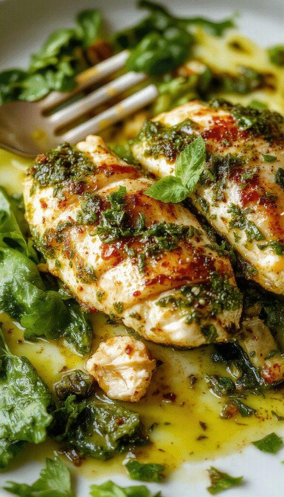 A plate of Velvety Pesto Chicken garnished with fresh basil, served with a side of crusty bread, showcasing creamy pesto-coated chicken slices.