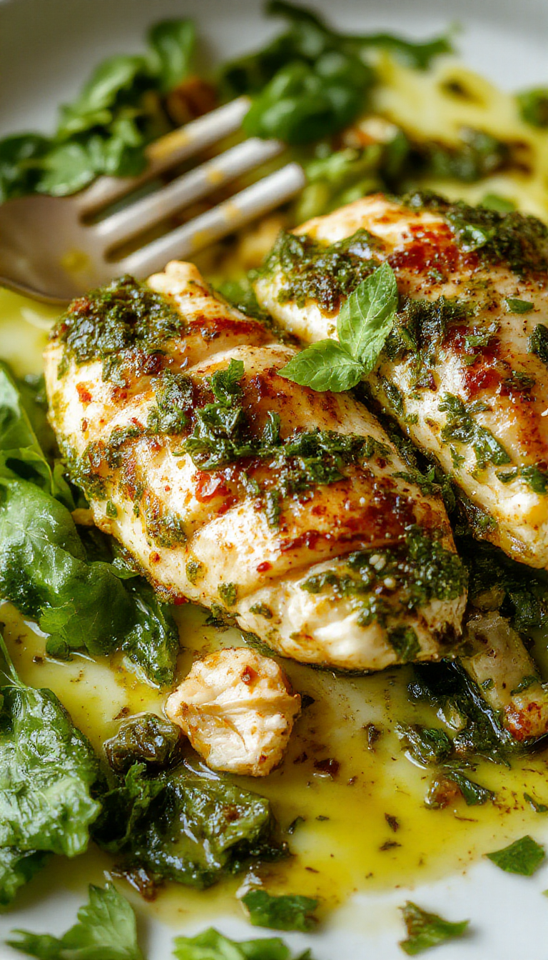 A plate of Velvety Pesto Chicken garnished with fresh basil, served with a side of crusty bread, showcasing creamy pesto-coated chicken slices.