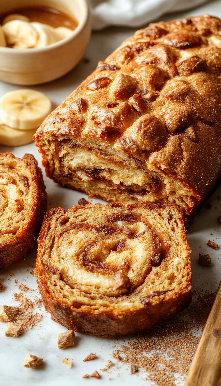 A slice of Warm Hug Banana Bread with a cinnamon swirl on a rustic plate, garnished with banana slices and a dusting of cinnamon.