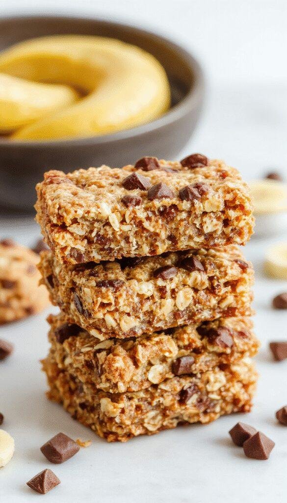 Golden Banana Oat Bars arranged on a rustic wooden table, showcasing their crumbly top and chewy texture with fresh banana slices nearby