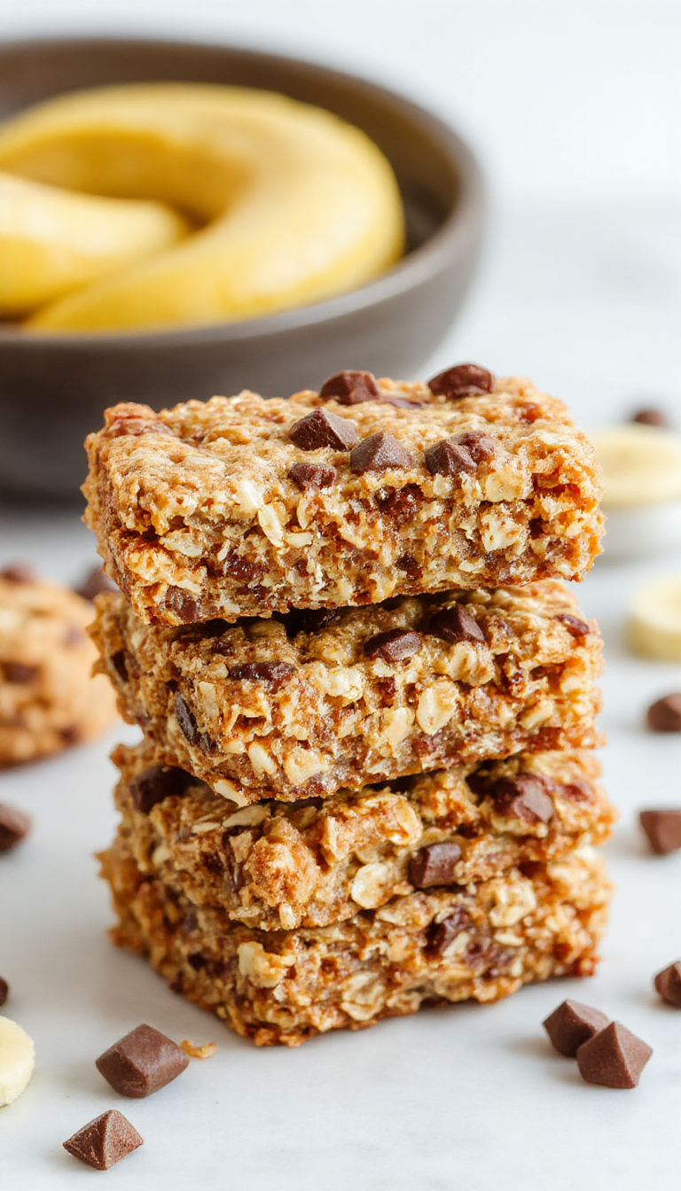Golden Banana Oat Bars arranged on a rustic wooden table, showcasing their crumbly top and chewy texture with fresh banana slices nearby