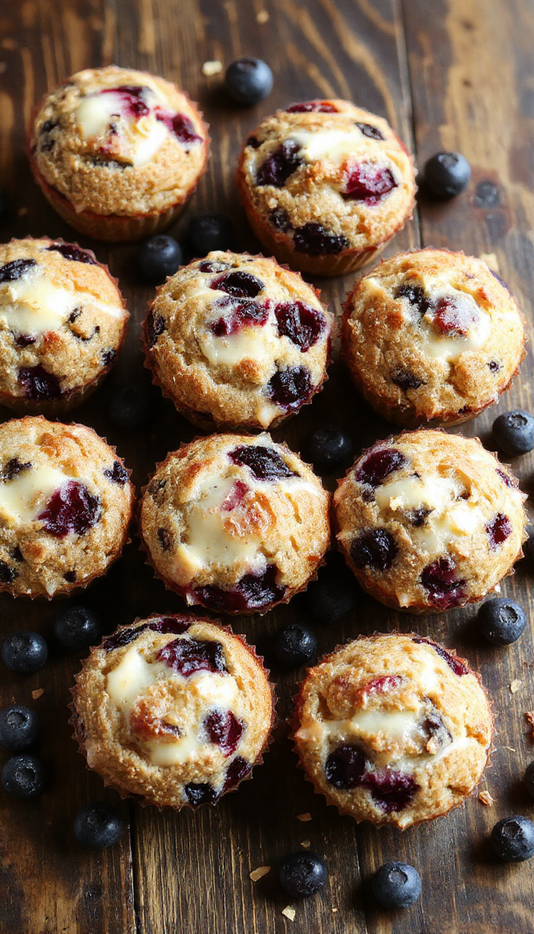 Golden blueberry yogurt muffins with fresh blueberries on top, served on a rustic plate with a fork, showcasing their fluffy texture.