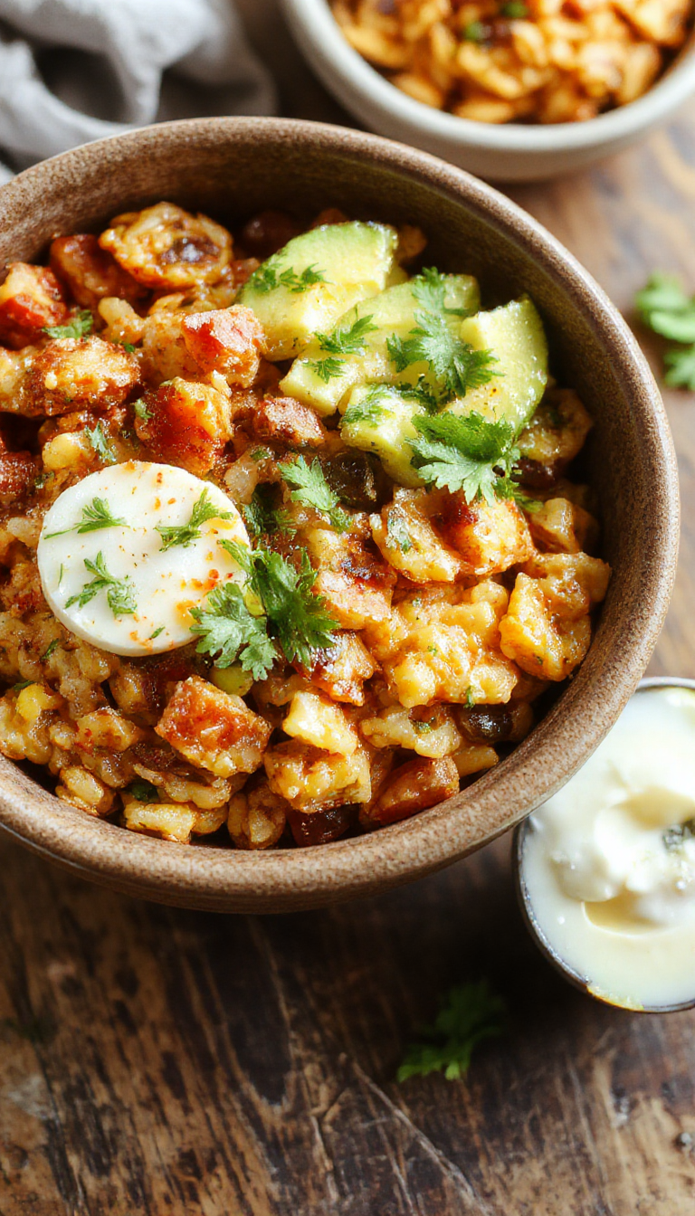 A colorful plate of Wholesome Weeknight Taco Rice Bowl topped with fresh vegetables, cheese, and cilantro, served alongside a wedge of lime.