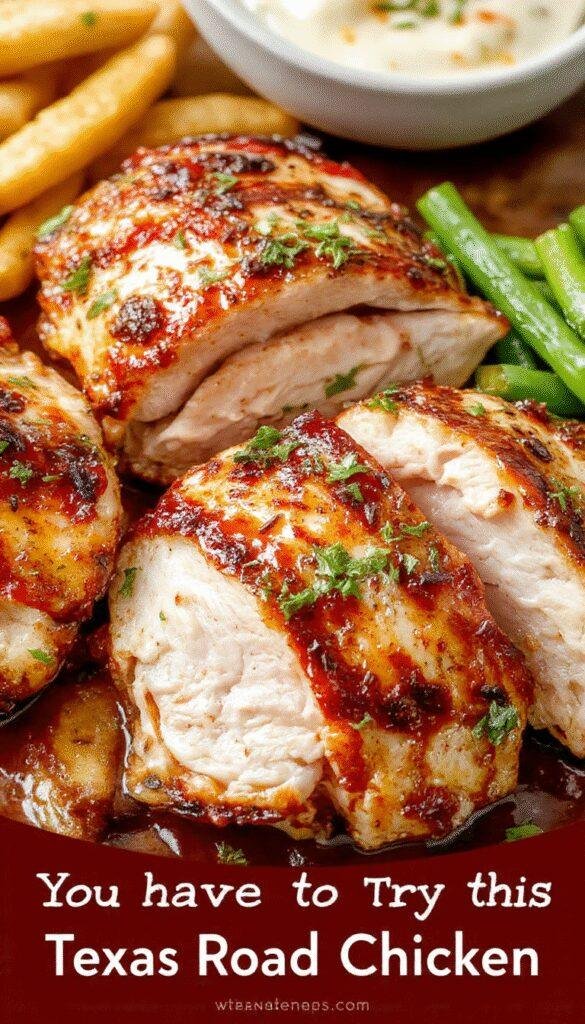 Juicy Texas Roadhouse Chicken served with grilled vegetables on a rustic wooden table.