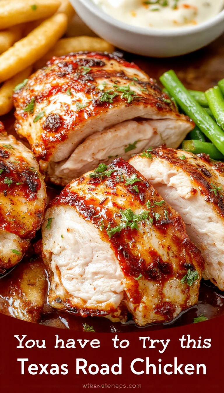 Juicy Texas Roadhouse Chicken served with grilled vegetables on a rustic wooden table.