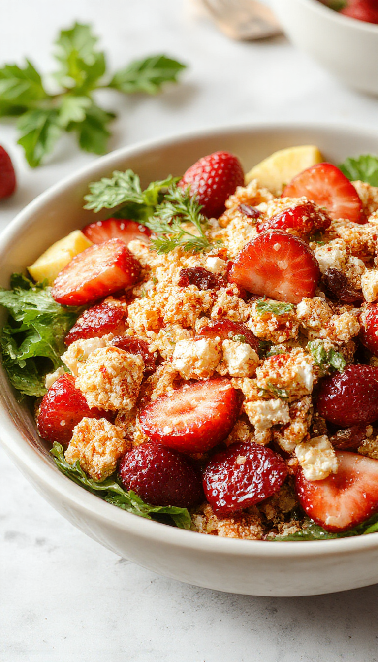 A vibrant bowl of strawberry crunch salad featuring fresh strawberries, crunchy granola topping, and a creamy dressing, garnished with mint leaves.