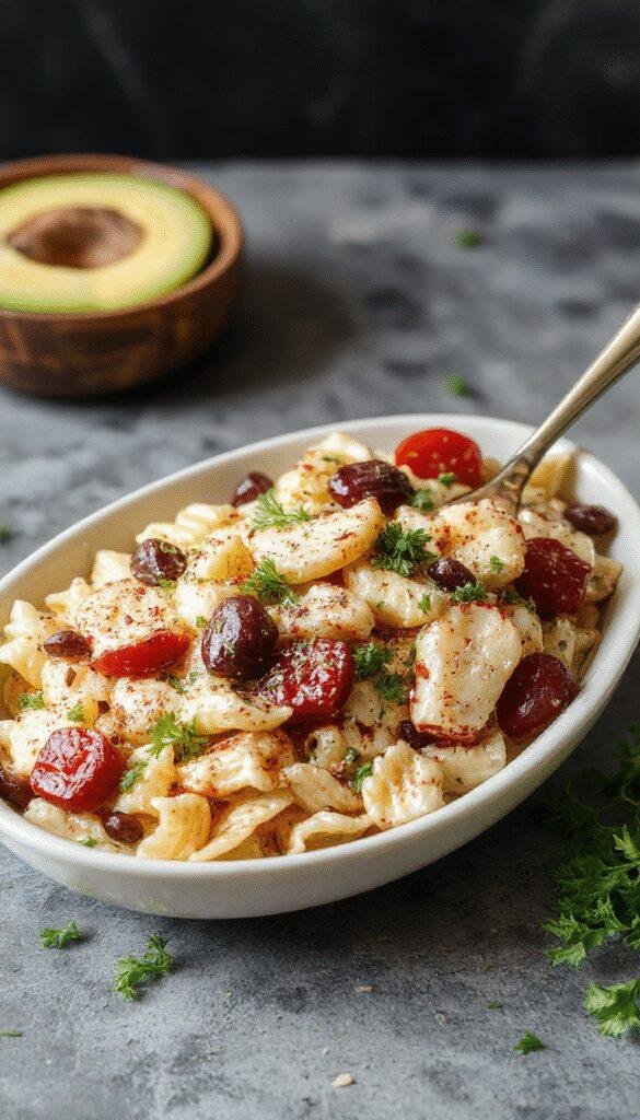 A colorful summer pasta salad with cherry tomatoes, fresh basil, mozzarella balls, and vibrant vegetables drizzled with balsamic glaze.