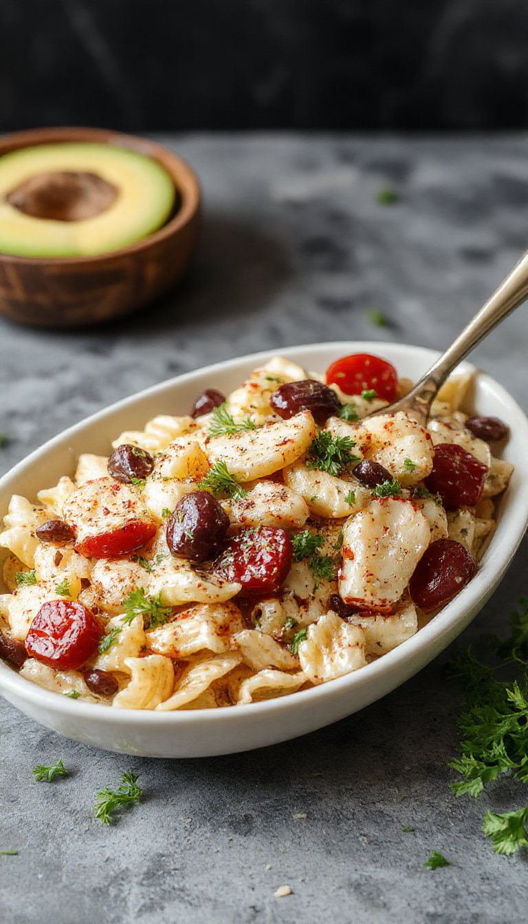 A colorful summer pasta salad with cherry tomatoes, fresh basil, mozzarella balls, and vibrant vegetables drizzled with balsamic glaze.