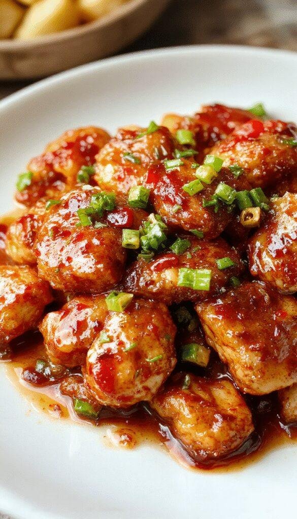 A plate of Zesty Asian Sweet Chili Chicken garnished with fresh herbs and served with steamed rice.