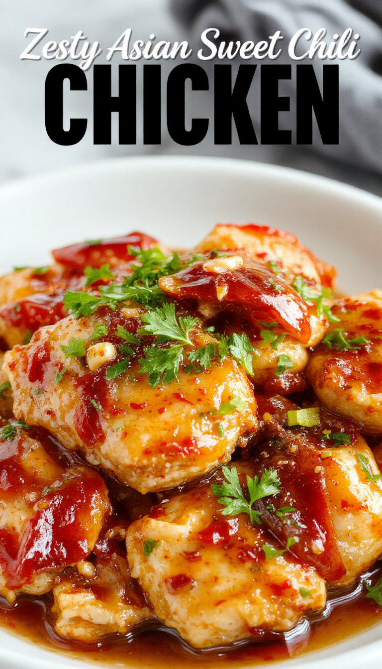 A plate of Zesty Asian Sweet Chili Chicken garnished with fresh herbs and served with steamed vegetables, showcasing vibrant colors and crispy texture.